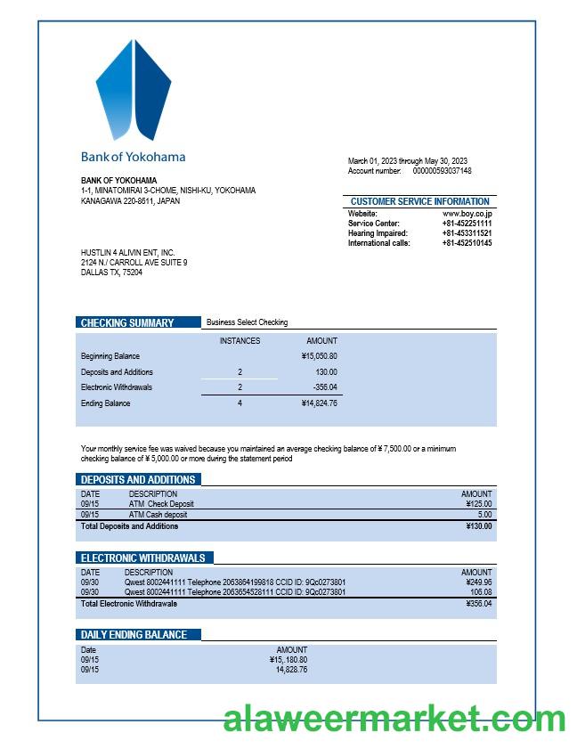 Bank of Yokohama company checking account statement Word and PDF template